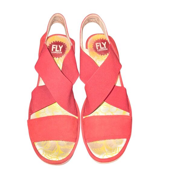 Fly London Yaji Women's Sz EU 38/US 7.5-8 Red Suede Stretch Strap Heeled Sandals - Picture 2 of 9